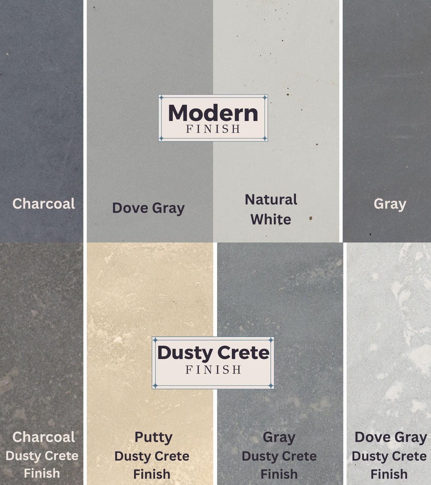 Color swatch chart for 'Modern Finish' and 'Dusty Crete Finish' with text labels.