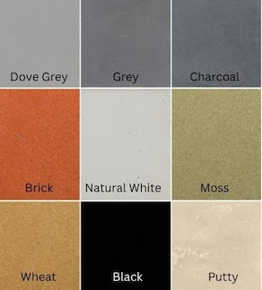 Color swatch chart with various neutral colors including Dove Grey, Grey, Charcoal, Brick, Natural White, Moss, Wheat, Black, and Putty.
