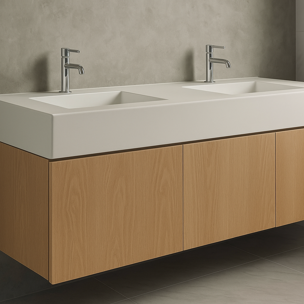 Floating Bathroom vanity with double sink and wooden cabinets.