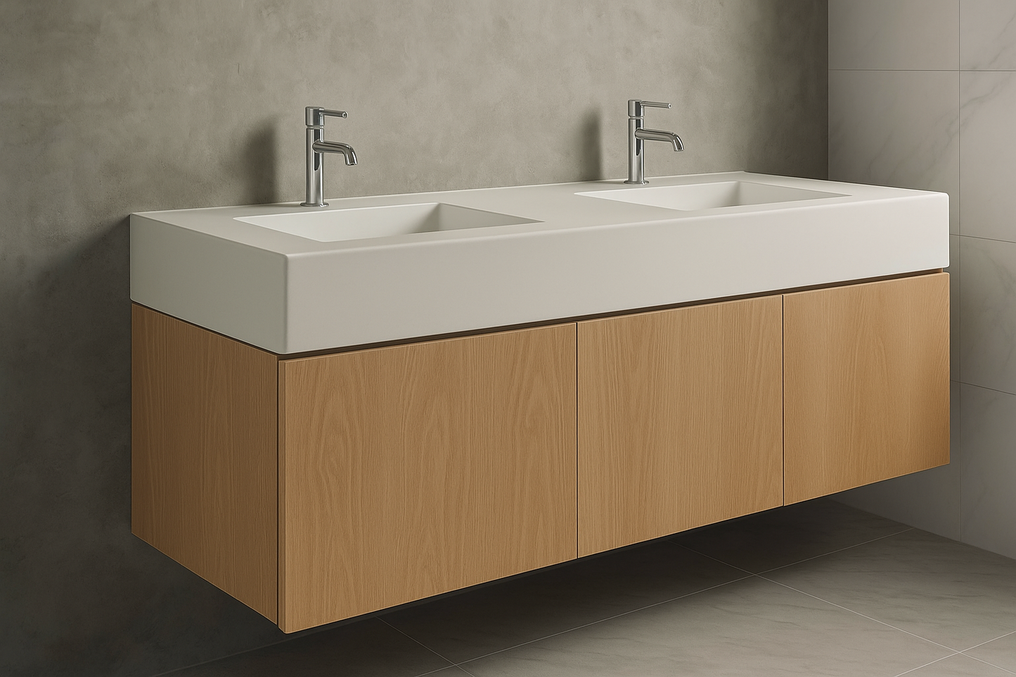 Floating Bathroom vanity with double sink and wooden cabinets.